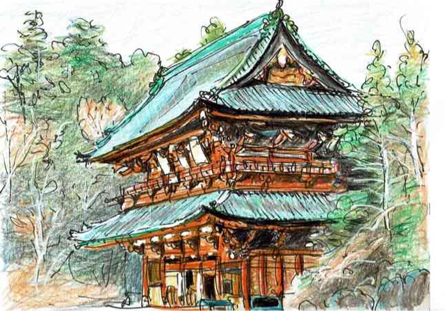 水彩画風スケッチ・秩父・三峯神社鳥居と氣守: 思うがままに